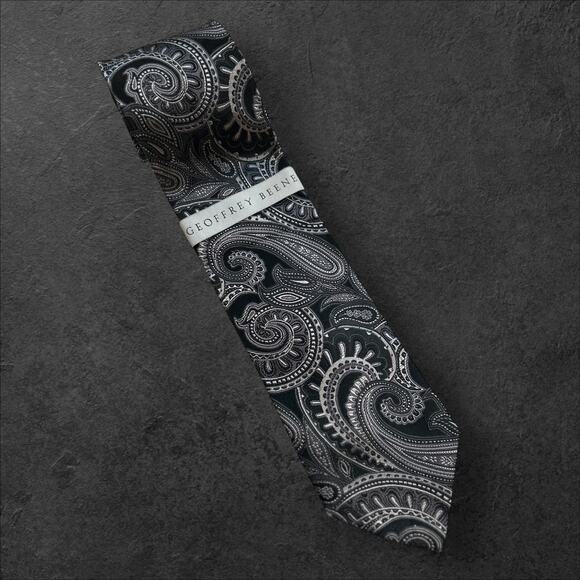 NWT Geoffrey Beene Men's Black + White Paisley 100% Silk Professional Tie - Picture 1 of 3
